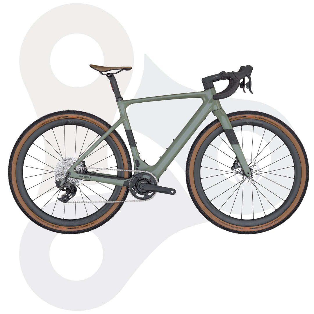Scott Solace Gravel eRIDE 20 (Gravelbike) in einem Olivton mit Braunwandreifen