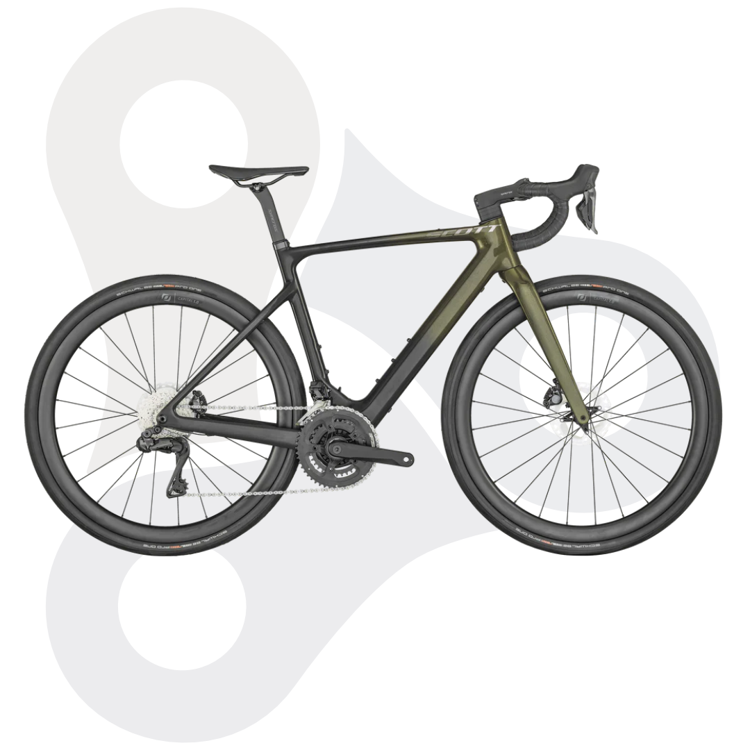 Scott Solace eRIDE 20 Rennrad in schwarz mit Übergang in ein metallern grünliches Goldgelb in der Front