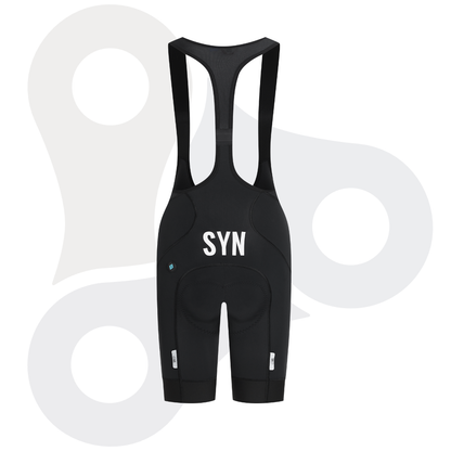 SYN Damen Training Bib Shorts in schwarz mit weißem SYN Schriftzug von hinten