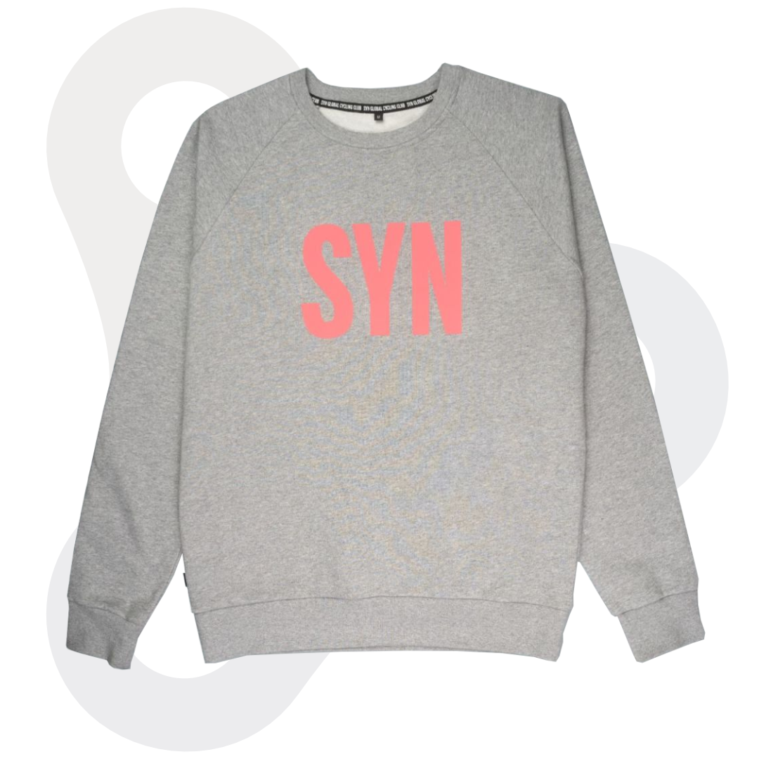 SYN Crew Neck Sweater in grau mit rosafarbenem SYN Schriftzug von vorne