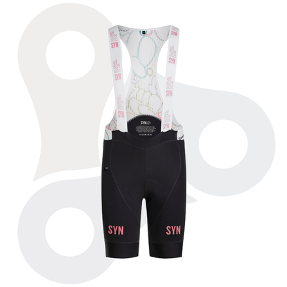 SYN Pro Design Lab Bib Shorts in der Farbe bronx mit rosa SYN Schriftzug und weißen Trägern von vorne
