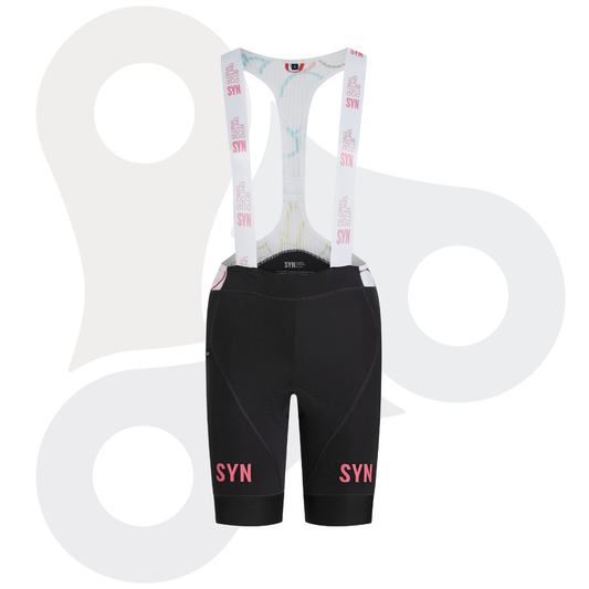 SYN Pro Design Lab Bib Shorts in der Farbe bronx mit rosa SYN Schriftzug und weißen Trägern von vorne

