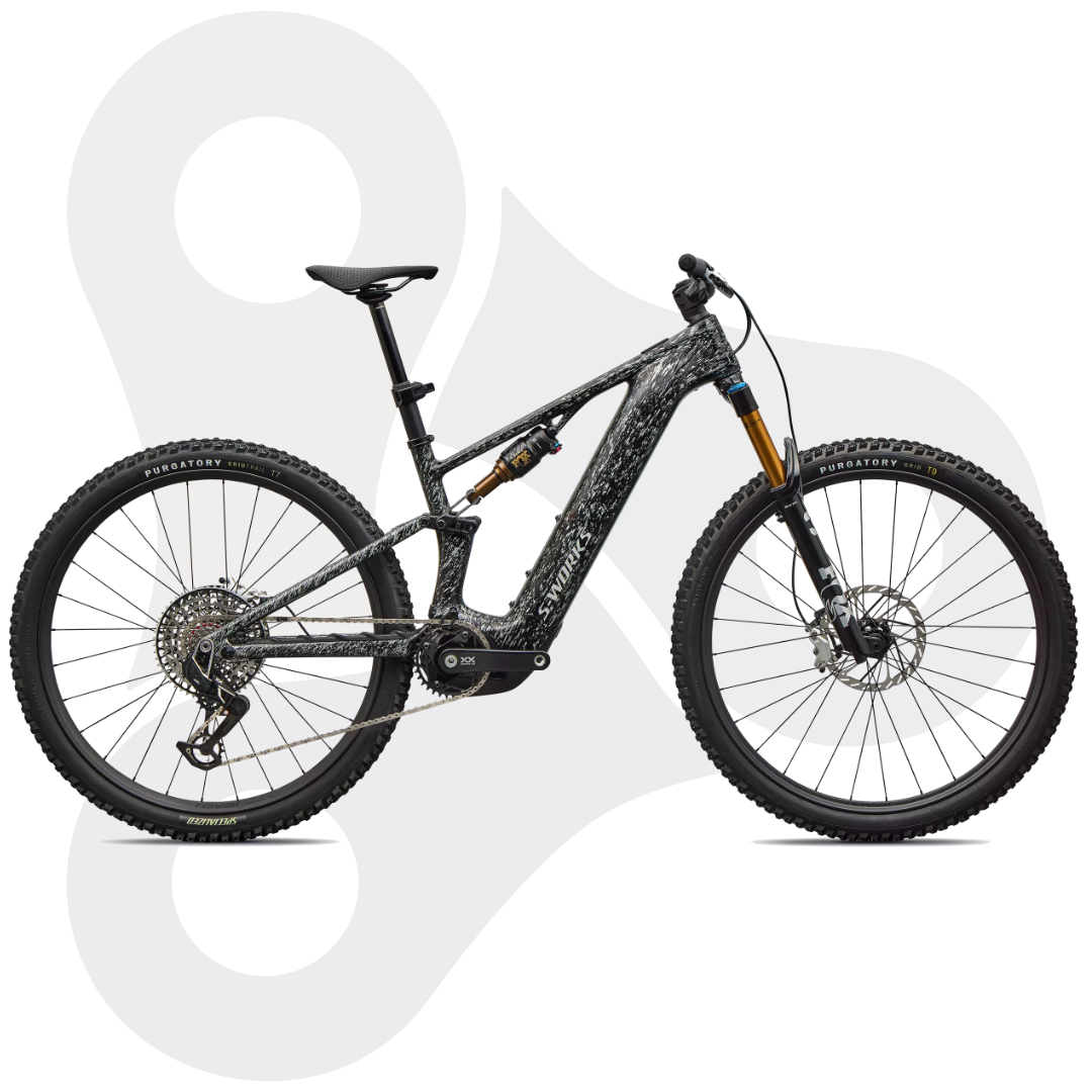 Specialized S-Works E-MTB Turbo Levo R in der Farbe Gloss Shadow Silver Blended Speckle Over Carbon / Silver Dust (Schwarz mit kleinen weißen Felcken)
