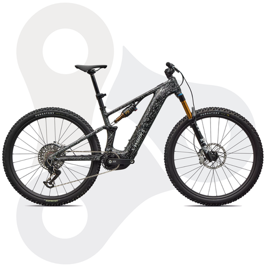 Specialized S-Works E-MTB Turbo Levo R in der Farbe Gloss Shadow Silver Blended Speckle Over Carbon / Silver Dust (Schwarz mit kleinen weißen Felcken)