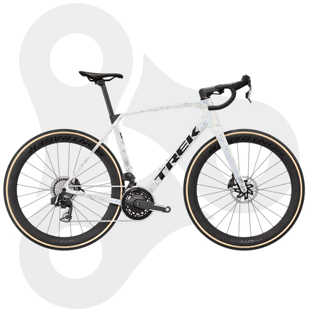 Trek Domane SLR 7 Gen 5 Rennrad in der Farbe Mother of Pearl | Silver Marble (weiß mit silberfarbenen Sprenkeln)