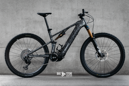Specialized S-Works E-MTB Turbo Levo R in der Farbe Gloss Shadow Silver Blended Speckle Over Carbon / Silver Dust (Schwarz mit kleinen weißen Felcken)